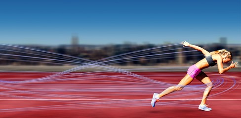 Wall Mural - Composite image of sporty woman running 