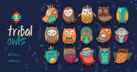 Wall Mural - Set of tribal owls