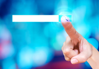 Aufkleber - Finger touch on search button with blank search bar at blur blue