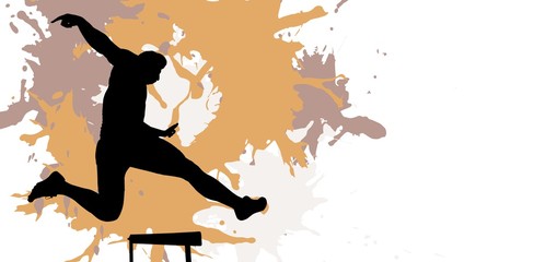 Poster - Composite image of athletic woman practicing show jumping