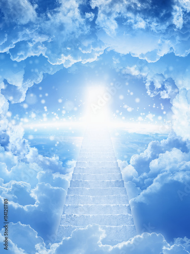 Fotografie, Obraz stairs to heaven, bright light from heaven, stairway leading up to skies, bright