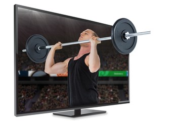 Canvas Print - Composite image of bodybuilder lifting heavy barbell weights