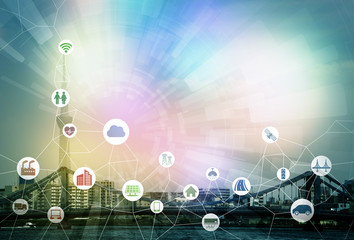 Aufkleber - smart city and internet of things, various communication devices, architecture, transportation, industry, infrastructure,medical, home electronics, abstract image visual
