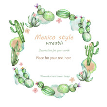 Circle Frame, Wreath Of The Watercolor Various Kinds Of Cactuses, Hand Drawn On A White Background, Greeting Card, Decoration Postcard Or Invitation