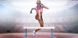 Composite image of athletic woman practicing show jumping