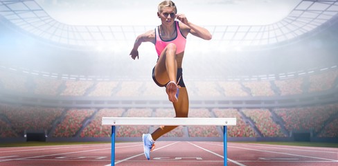 composite image of athletic woman practicing show jumping