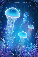Magic Glowing Jellyfish Underwater. Undersea World. Fairy Tale Illustration For Inspiration