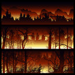 Wildfire background. Burning forest vector horizontal banners. Forest fire design template. landscape nature, wood natural panorama. Outdoor wildfire design template. Forest fire banner collection.