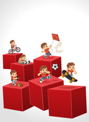 Wall Mural - 3d cubes with happy cartoon boy playing. Sports and toys. Infographic design.
