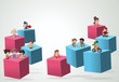 3d cubes with cartoon children playing. Sports and toys. Infographic design.
