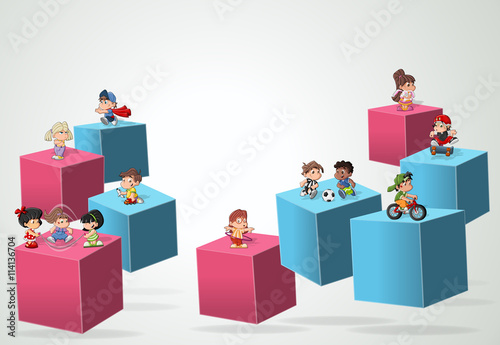 3d cubes with cartoon children playing. Sports and toys. Infographic design.