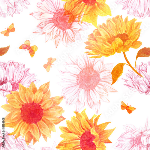Seamless Background Pattern With Toned Drawings Of Sunflowers And