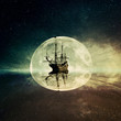 Vintage, old ship floating in the ocean floating on a moonlight night starry sky background. Adventure and journey concept