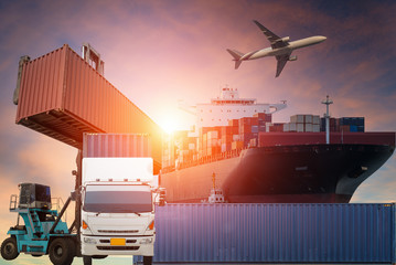 Wall Mural - Container truck ,ship in port and freight cargo plane in transport and import-export commercial logistic ,shipping business industry