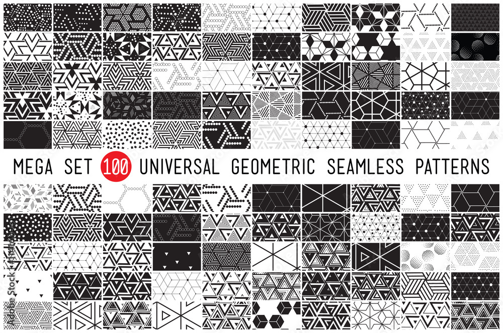 hundred universal different geometric seamless patterns - obrazy, fototapety, plakaty 