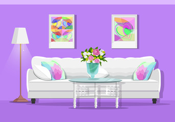 Wall Mural - Cute graphic living room interior with furniture: sofa, table, lamp and pictures. Colorful room set. Flat style vector illustration.