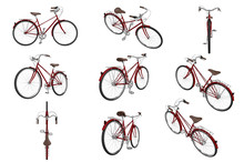 Set Classic Bikes Vinous Chrome Luggage And Leather Classic Saddle. 3D Graphic