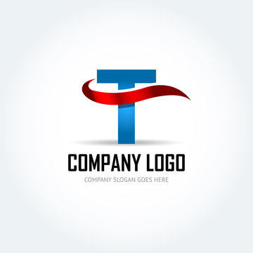 Blue Letter T with red ribbon logo icon design template elements - Illustration. Letter T logo icon design - vector sign. Isolated vector illustration.