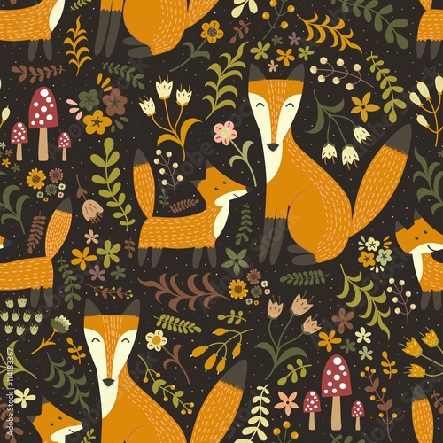 Fototapeta Adorable seamless pattern with cute foxes - Mother fox and her baby