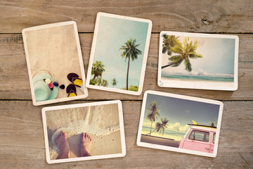 photo album remembrance and nostalgia journey in summer surfing beach trip on wood table. instant ph