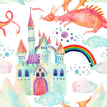 Watercolor Fairy Tale Seamless Pattern With Cute Dragon, Magic Castle, Mountains And Fairy Clouds