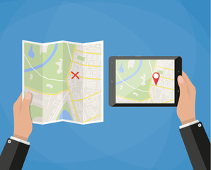 Poster - tablet navigation application and folded paper map