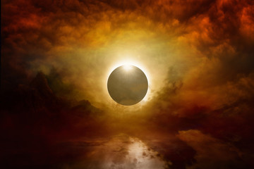 Wall Mural - full sun eclipse in dark red sky, end of world