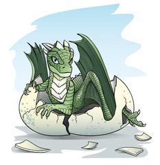 Green baby dragon piping from an egg