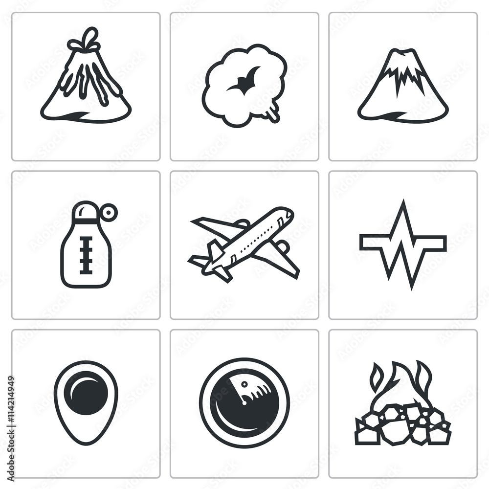 Vector Set of Volcano Icons. Eruption, Smoke, Hill, Temperature, Plane ...