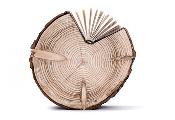 Tree Trunk and Book. Conceptual image about the cross section of the tree trunk and book on white background. 