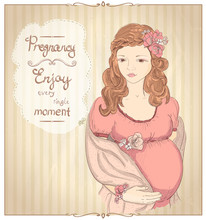 Vintage Style Graphic Portrait Of A Pregnant Woman, Quotes Card.