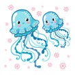 Couple smiling jellyfish floating in the sea. Vector illustration of jellyfishes on a background of pink flowers.