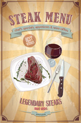 Wall Mural - Steak menu design with graphic illustration of a fillet steak on a plate and glass of wine