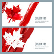 Vector watercolor banners and backgrounds. 1st of July, Happy Canada Day. Watercolor hand drawn canadian flag with maple leaf. Design for greeting card, holiday banner, flyer, poster. 