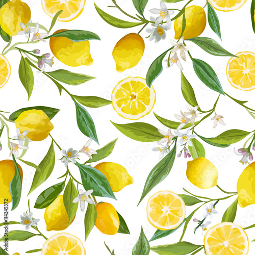Naklejka na kafelki Seamless Pattern. Lemon Fruits Background. Floral Pattern.