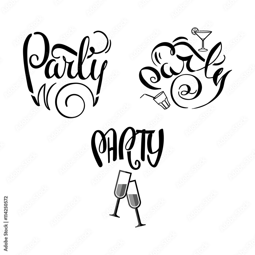 Machine Party Lettering Vector collection of party label, hand-drawn party black and white ...