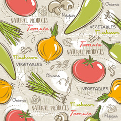 Seamless Patterns with tomato, onions,  peppe. Background with v