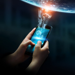 Aufkleber - Businesswoman connected his mobile phone to the world