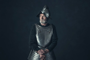 Wall Mural - Bearded knight standing with sword in front of gray wall.