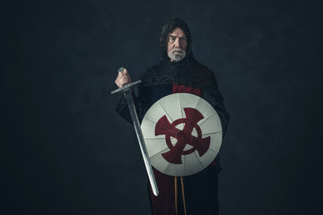 Wall Mural - Knight with gray beard holding sword and shield.