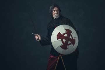 Wall Mural - Knight with gray beard holding sword and shield.