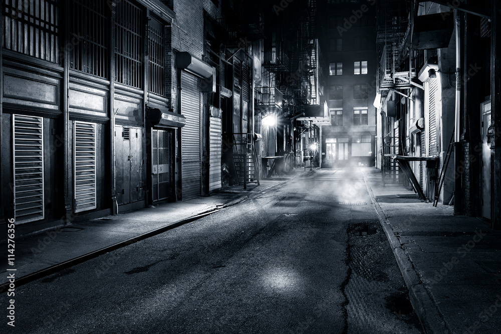 Moody monochrome view of Cortlandt Alley by night, in Chinatown, New York City - obrazy, fototapety, plakaty 