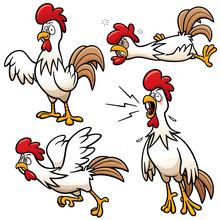Vector Illustration Of Cartoon Chicken Character Set