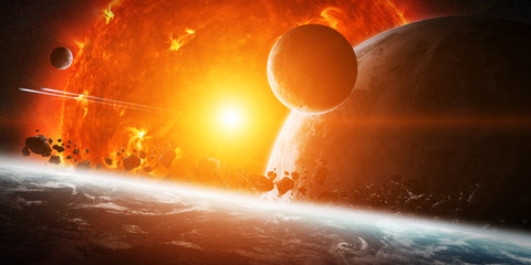 Wall Mural - exploding sun in space close to planet