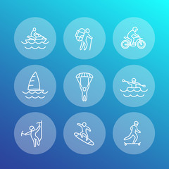 Wall Mural - extreme outdoor activities line icons, rafting, skydiving, alpinism, skateboarding, pwc, sailing, vector illustration