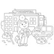 Coloring Page Outline Of cartoon doctor near the hospital