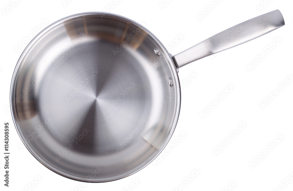 Steel frying pan isolated on white background - obrazy, fototapety, plakaty 