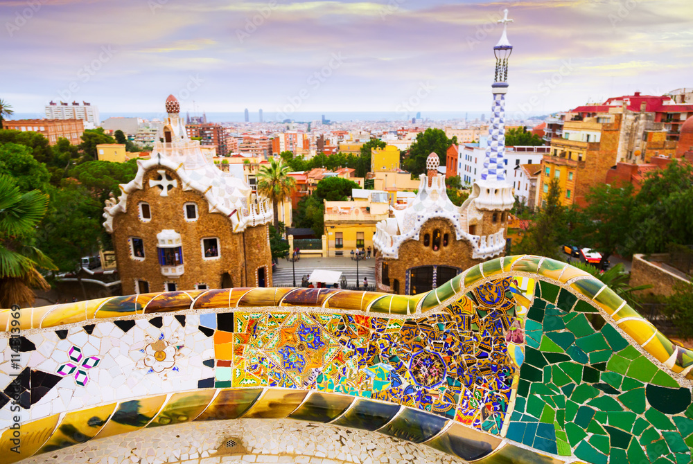 View of Park Guell in Barcelona. Catalonia - obrazy, fototapety, plakaty 