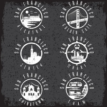 Grunge Label Set With Landmarks Of San Francisco California,USA
