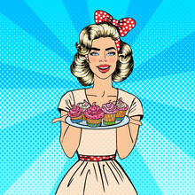 Young Housewife Holding Plate With Cupcakes. Woman Baking Cupcakes. Pop Art. Vector Illustration